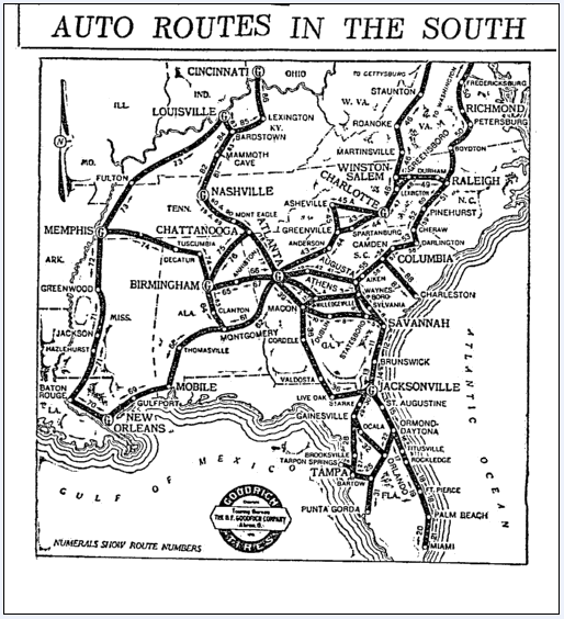 map of auto routes in the Southern U.S., Miami Herald newspaper article 30 August 1915