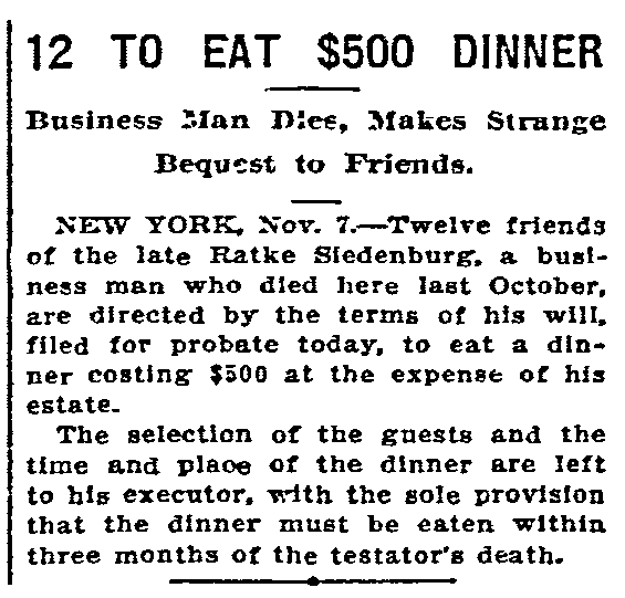 article about Ratke Siedenburg's funeral banquet, Oregonian newspaper article 8 November 1910