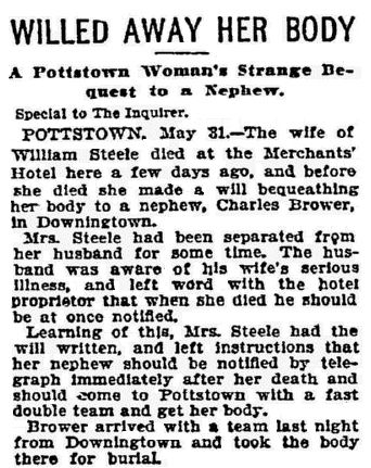 article about Mrs. Steele's bequest, Philadelphia Inquirer newspaper article 1 June 1896