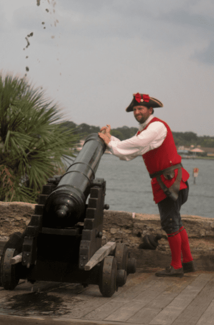 photo of a re-enactor at the 450th anniversary celebration at St. Augustine, Florida, dressed in Spanish costume