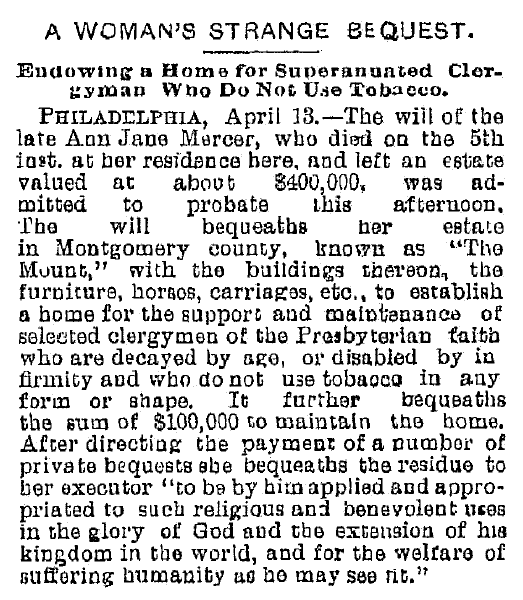 article about Ann Jane Mercer's bequest, Plain Dealer newspaper article 14 April 1886