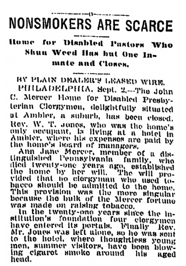 article about Ann Jane Mercer's bequest, Plain Dealer newspaper article 3 September 1909