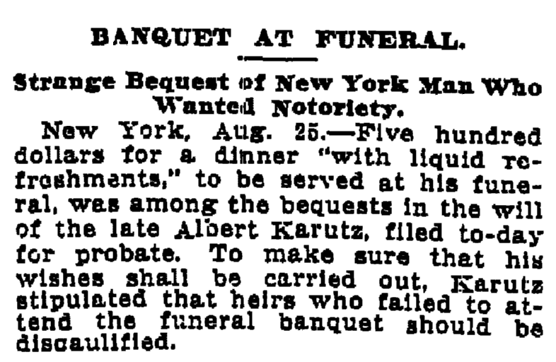 article about Albert Karutz's funeral banquet, Times-Picayune newspaper article 26 August 1909