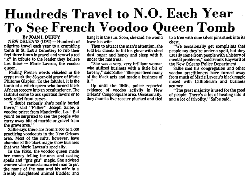 article about Marie Laveau's tomb in New Orleans, Advocate newspaper article10 August 1976