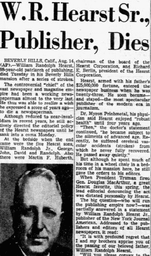 obituary for William Randolph Hearst, Dallas Morning News newspaper article 15 August 1951