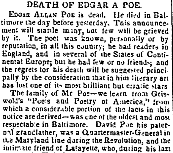 obituary for Edgar Allen Poe, Enquirer newspaper article 16 October 1849