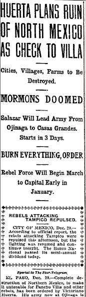 Huerta Plans Ruin of North Mexico as Check to Villa, Fort Worth Star-Telegram newspaper article 21 December 1913