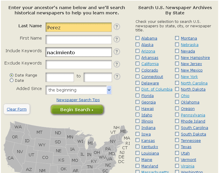 screenshot of GenealogyBank's search box showing a search for the keywords "Perez" and "nacimiento"
