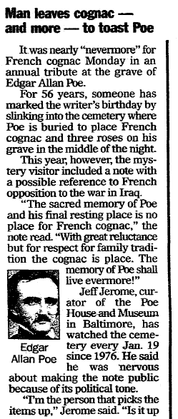 article about the mysterious "Poe Toaster" who secretly visited Edgar Allan Poe's tomb for 75 years, Register Star newspaper article 23 January 2004