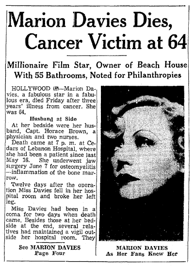 obituary for Marion Davies, Springfield Union newspaper article 23 September 1961