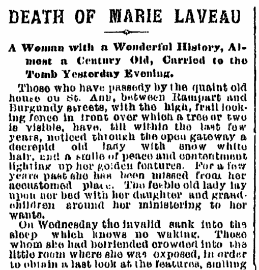 obituary for Marie Laveau, Times-Picayune newspaper article 17 June 1881