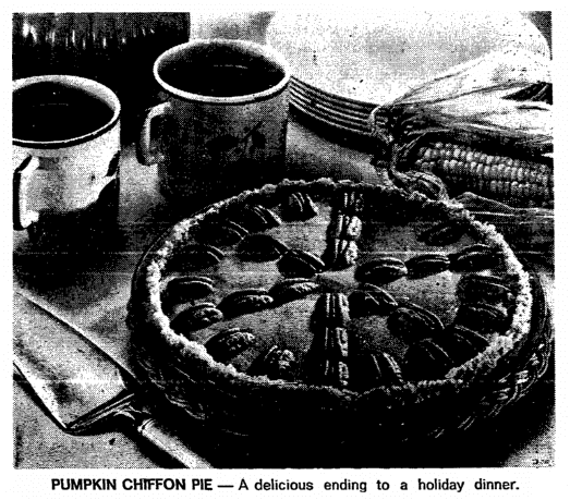 photo of a pumpkin chiffon pie, Boston Herald newspaper article 16 November 1972