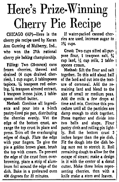 article about a prize-winning recipe for cherry pie
