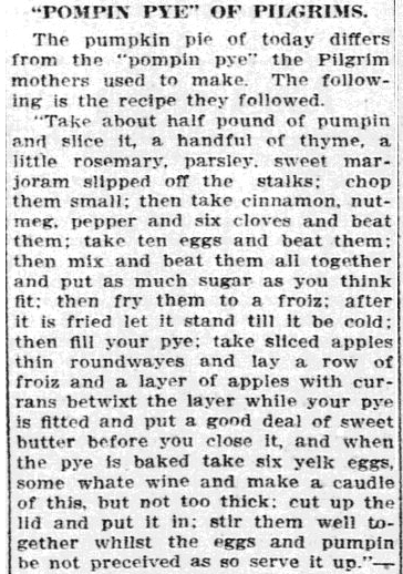 article about a pumpkin pie recipe, Grand Forks Daily Herald newspaper article 30 November 1910