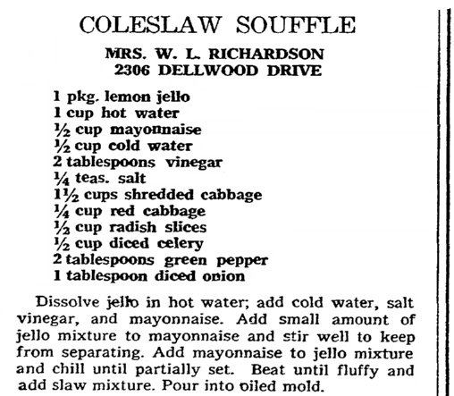recipe for coleslaw souffle, Greensboro Daily News newspaper article 24 October 1971