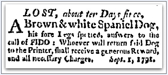 missing dog ad, Independent Chronicle newspaper advertisement 1 September 1791