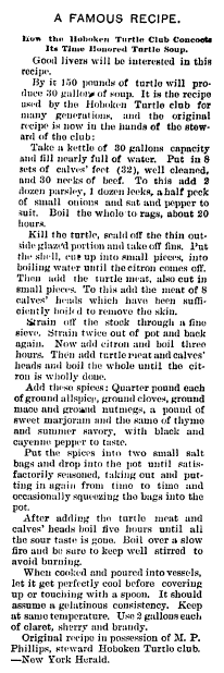 turtle soup recipe, Irish American Weekly newspaper article 14 December 1896