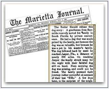 montage of a newspaper clipping about a dog named Fido, Marietta Journal newspaper article 9 November 1893