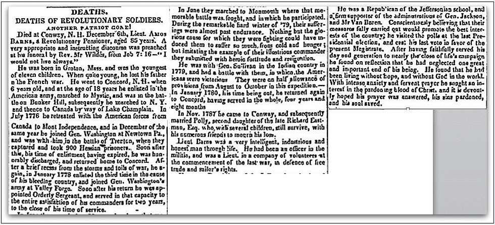 obituary for Amos Barnes, New Hampshire Gazette newspaper article 12 January 1841