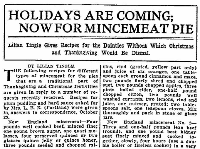 article about mincemeat pie recipes, Oregonian newspaper article 19 November 1911