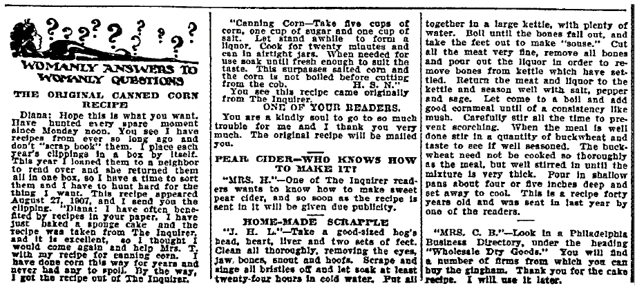 scrapple recipe, Philadelphia Inquirer newspaper article 8 October 1908