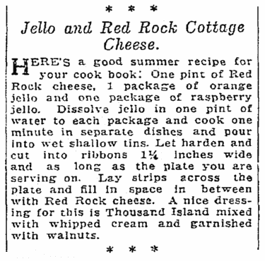 jello and cottage cheese recipe, Seattle Daily Times newspaper article 8 July 1923