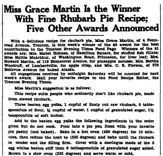 article about a prize-winning rhubarb pie recipe, Trenton Evening Times newspaper article 5 July 1934