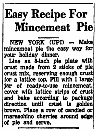 article about a mincemeat pie recipe, Trenton Evening Times newspaper article 19 November 1959