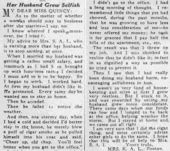 article about women earning pay, Boston Journal newspaper article 31 December 1915