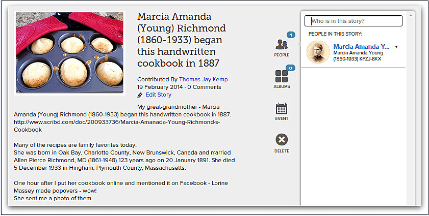screenshot of a page from FamilySearch website showing Marcia Richmond's cookbook