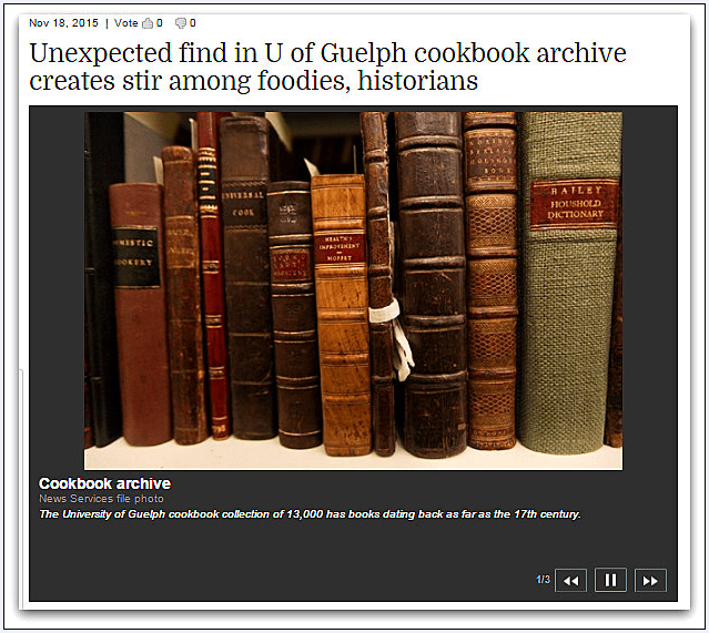 photo of cookbooks in the Una Abrahamson Collection at the University of Guelph, Ontario, Canada