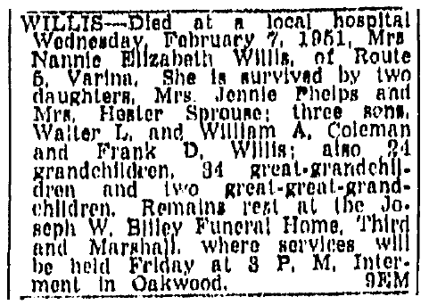 obituary for Nannie Willis, Richmond Times Dispatch newspaper article 9 February 1951