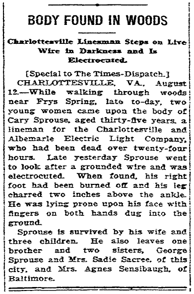 obituary for Cary Sprouse, Richmond Times Dispatch newspaper article 13 August 1917