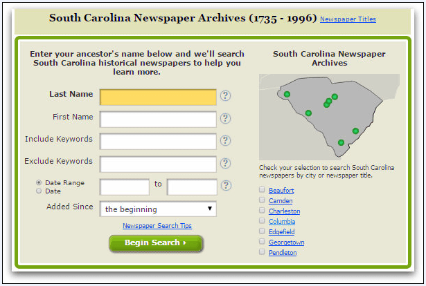 screenshot of GenealogyBank showing the South Carolina Newspaper Archives search page