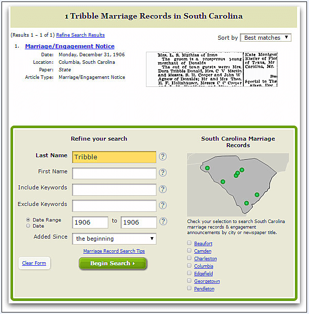 screenshot of GenealogyBank showing a search for the Tribble family