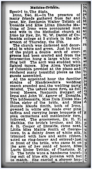 marriage announcement for Benjamin Walter Tribble and Lilian Blanche Mathias, State newspaper article 31 December 1906