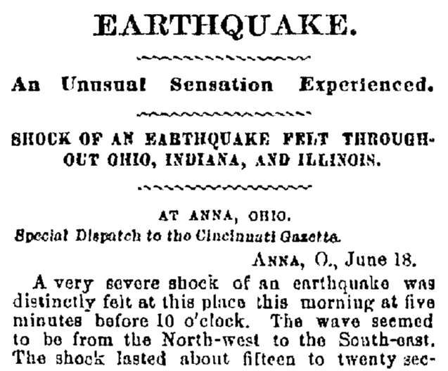 article about an earthquake, Cincinnati Daily Gazette newspaper article 19 June 1875