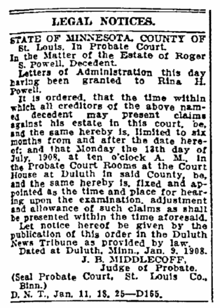 probate notice for the estate of Roger Powell, Duluth News-Tribune newspaper article 25 January 1908