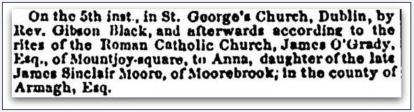wedding announcement for Anna Moore and James O’Grady, Irish American Weekly newspaper article 10 March 1850