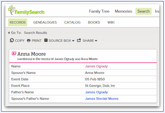 screenshot from FamilySearch of the marriage record for Anna Moore and James O’Grady