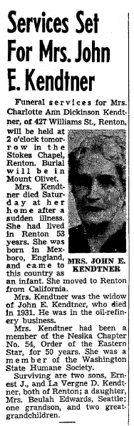 obituary for Charlotte Kendtner, Seattle Daily Times newspaper article 27 January 1953