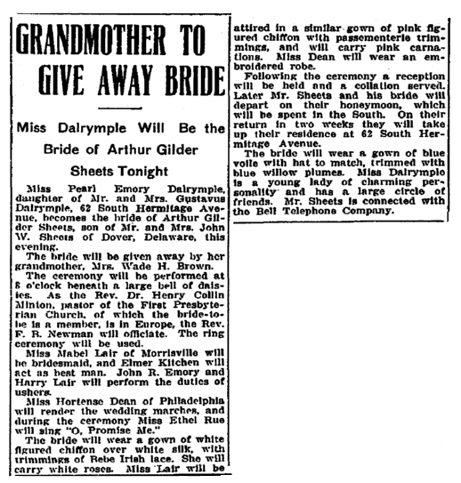 wedding notice for Pearl Dalrymple and Arthur Gilder, Trenton Evening Times newspaper article 9 June 1910d
