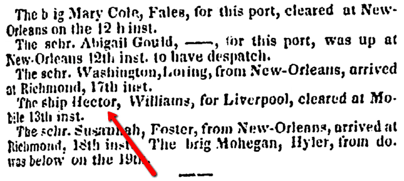article on the ship Hector, Charleston Courier newspaper article 24 March 1834
