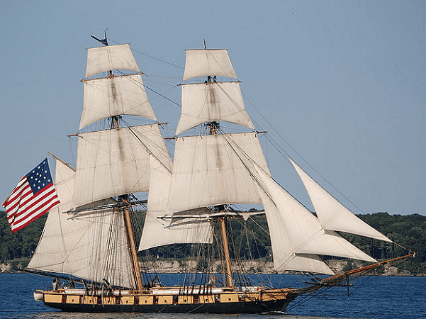 Photo: the brig Niagara under full sail, off of South Bass Island, Ohio, on Lake Erie. Credit: Lance Woodworth; Wikimedia Commons.