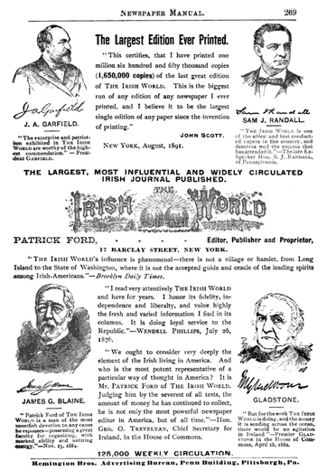 Photo: advertisement for the Irish World newspaper from Remington Brothers’ Newspaper Manual, A Catalogue of the Newspapers of United States and Canada, page 269