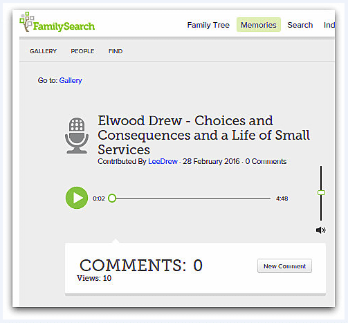 screenshot of a page on the FamilySearch website showing an audio clip from Elwood Drew