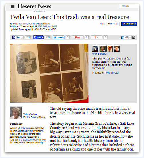 article about Merma Grant Carlisle's family history archives, Deseret News newspaper article 19 April 2016