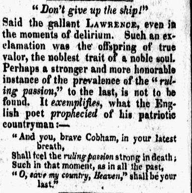 An article about the War of 1812 naval battle between USS Chesapeake and HMS Shannon, Baltimore Patriot newspaper article 28 June 1813
