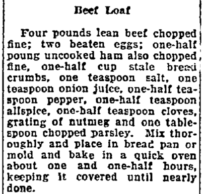 A beef loaf recipe, Lexington Herald newspaper article 22 August 1922