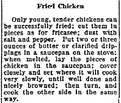 A fried chicken recipe, Lexington Herald newspaper article 22 August 1922